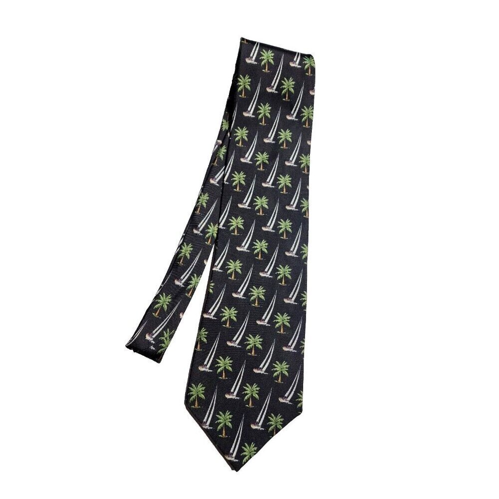 Pre-owned TROPICALS by TANGO Black Palm Trees Sailboats Silk Mens Tie